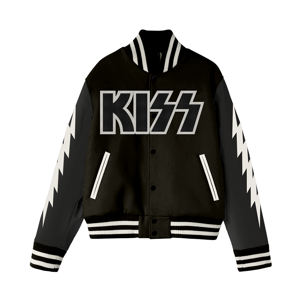 KISS NYC Pop Up Leather Varsity Jacket -front