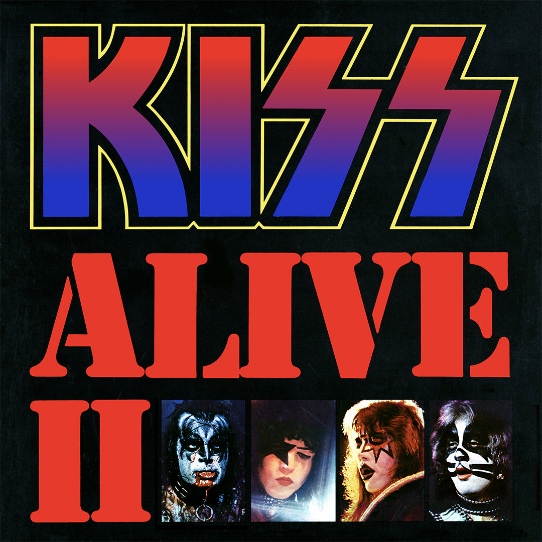 Album cover for 'Kiss Alive II' with big bold red stenciled text and 4 smaller photos of each band member.