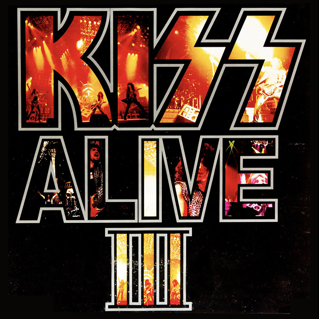Album cover for 'KISS Alive III' with concert images and fiery design.