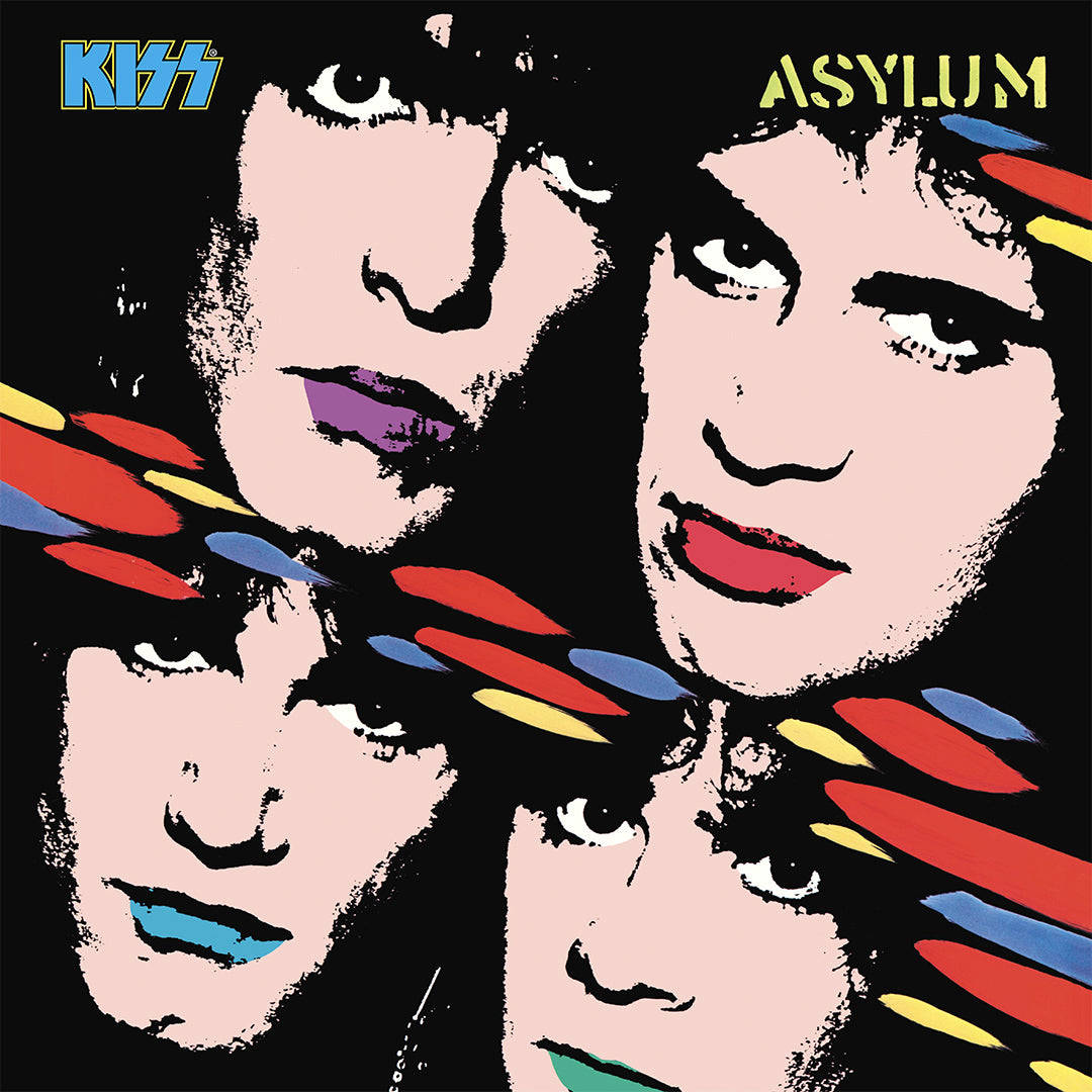 Album cover for 'KISS Asylum' with stylized portraits and colorful abstract elements.