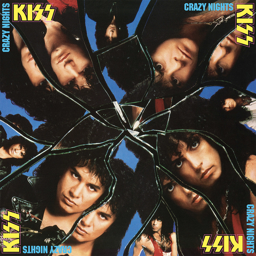 Album cover for KISS' 'Crazy Nights' with band members' unpainted faces reflected in a shattered mirror.