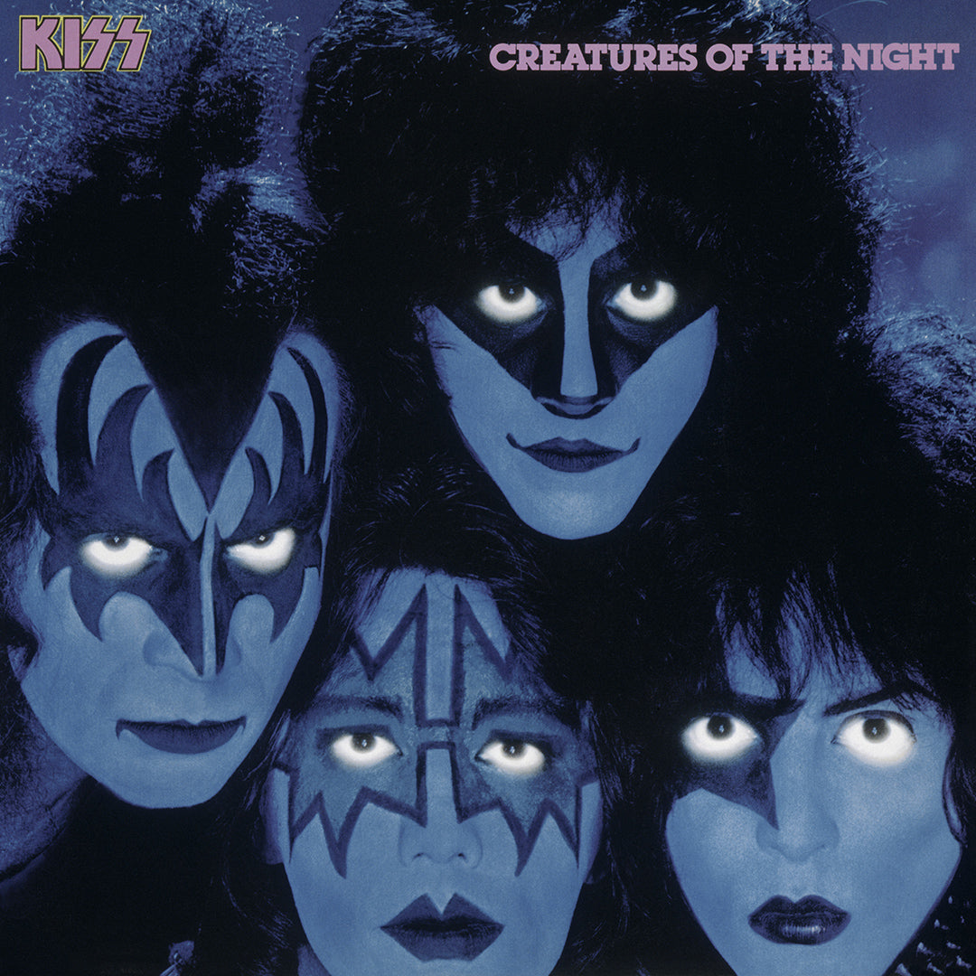 Album cover for 'Creatures of the Night' by KISS featuring four band members with makeup and their eyes glowing white in the blue tinted night.
