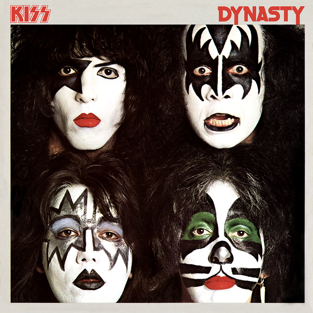Album cover for 'Dynasty' by KISS featuring four band members with makeup.
