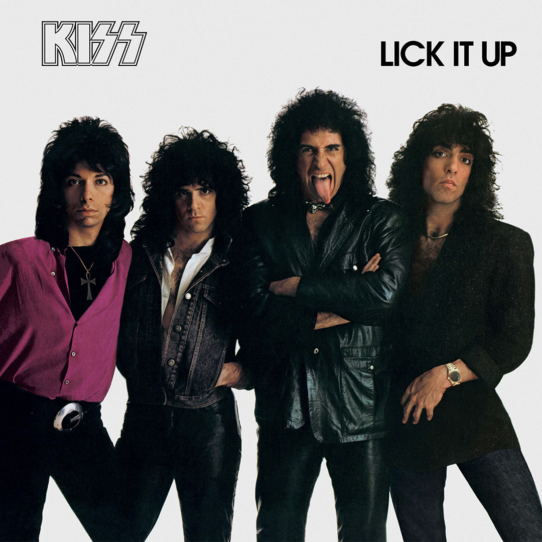 Album cover of KISS with four band members and 'Lick It Up' text.