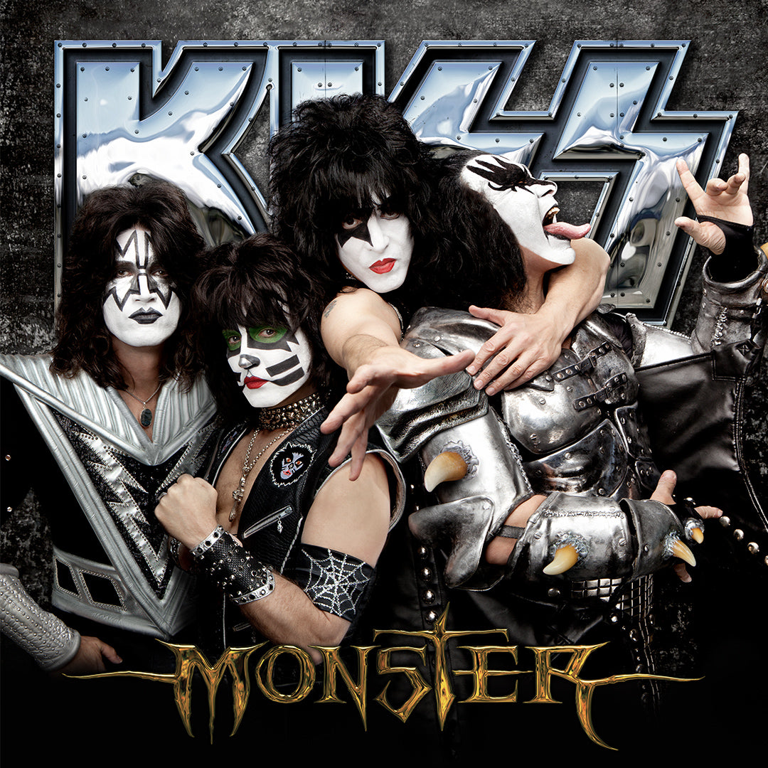 Kiss band members in their iconic costumes with 'Monster' album text.