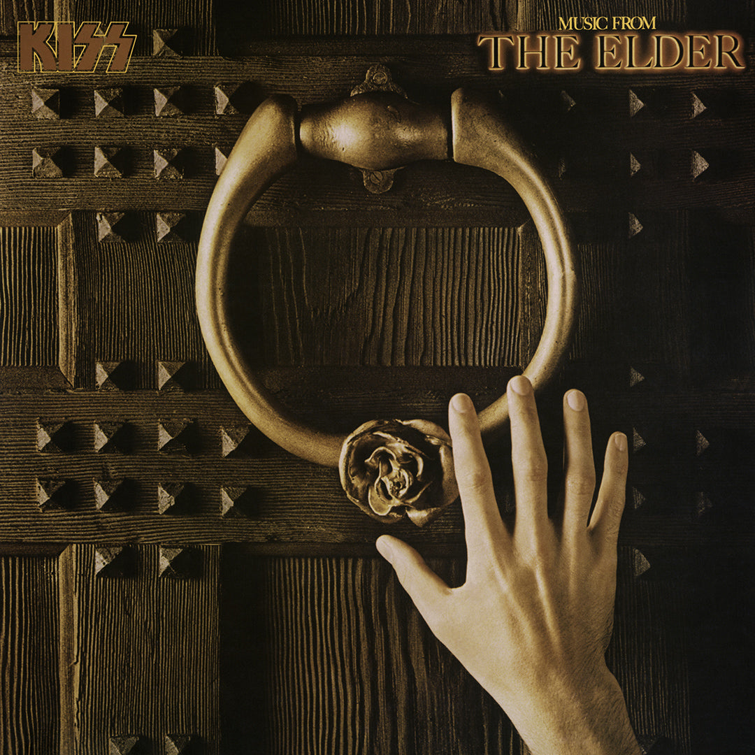 A hand reaching towards an old wooden door with a heavy metal doorknocker, featuring the KISS logo and 'Music from The Elder' text.