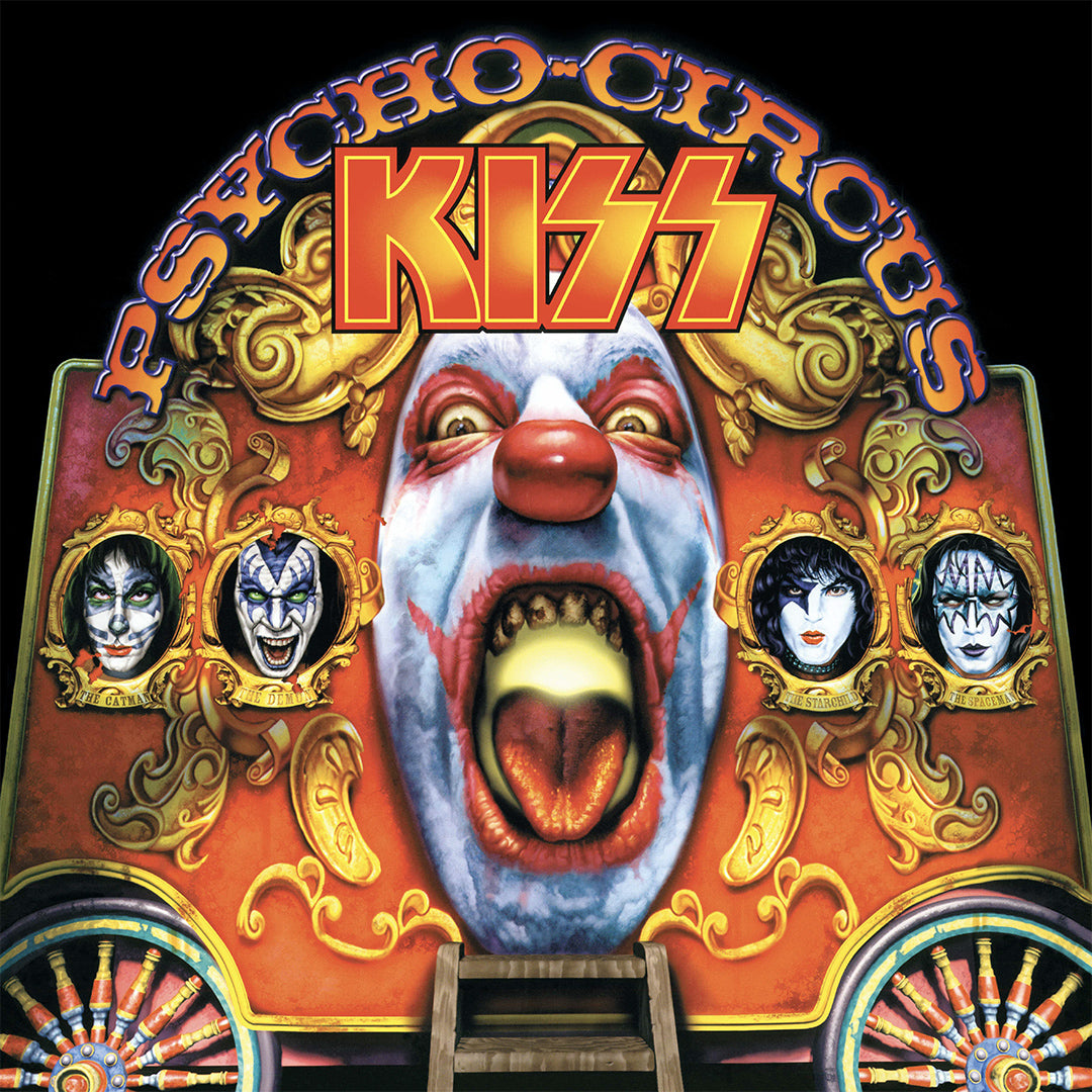 Album cover for 'Psycho Circus' by KISS featuring a clown face and decorative elements.