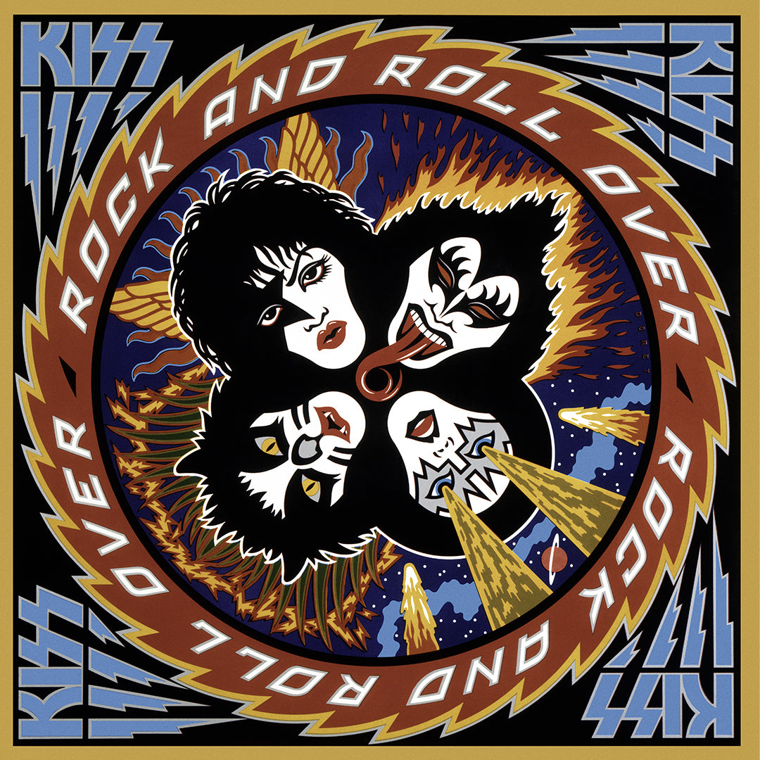 Album cover featuring an illustration of KISS rotating around a saw blade and text 'Rock and Roll Over'.
