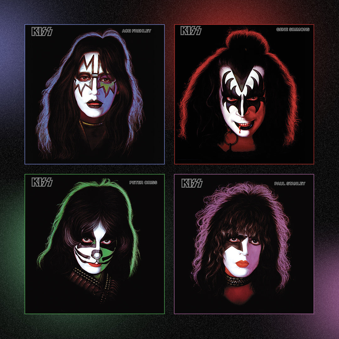 Four KISS album covers with different colored faces on a dark background