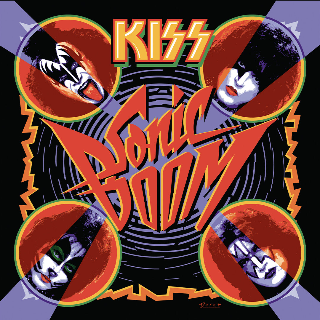 Album cover for 'Sonic Boom' by KISS with colorful design and band members' faces.