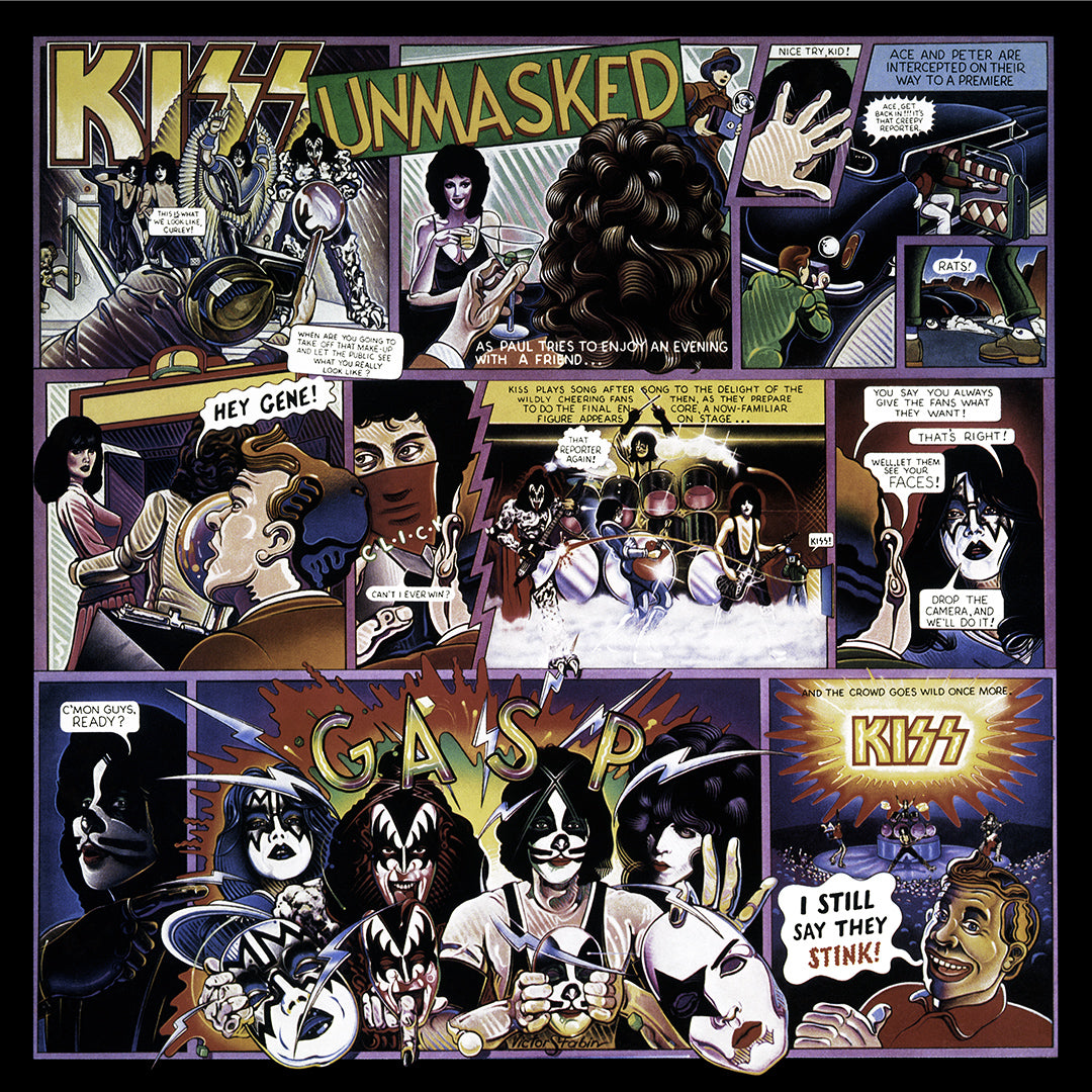 Comic book-style album cover for 'Kiss Unmasked'